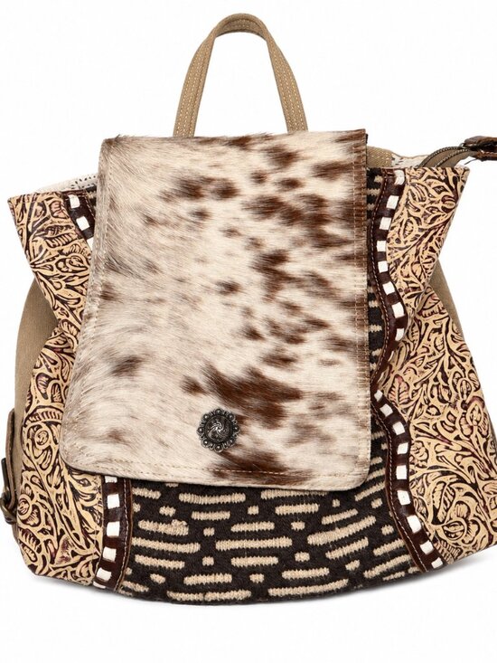 Myra Bag Handbags - Myra Bag Daisy Hill Trail Hair On Cowhide Tooled Leather Western Backpack